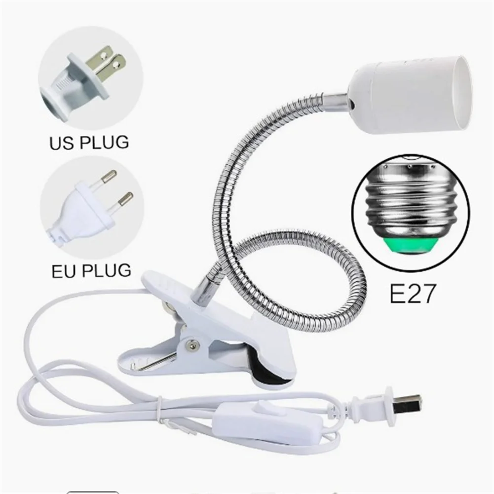 E2 EU US Plug 360 Degrees Flexible Desk Lamp Holder E27 Base Light Socket Gooseneck Clip-On Cable + On Off Switch for Home Plant