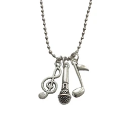 Music Notes and Microphone Necklace, Cool Musical Charm Pendant, Stainless Steel Ball Chain Long Necklace for Music Lover