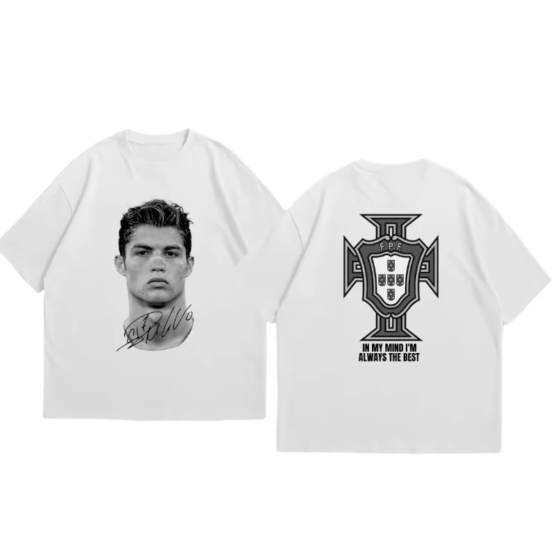 Cristiano Ronaldo Soccer Superstar Super Fashion Stampa T-shirt in cotone a maniche corte Uomo Donna Indossata in stile americano