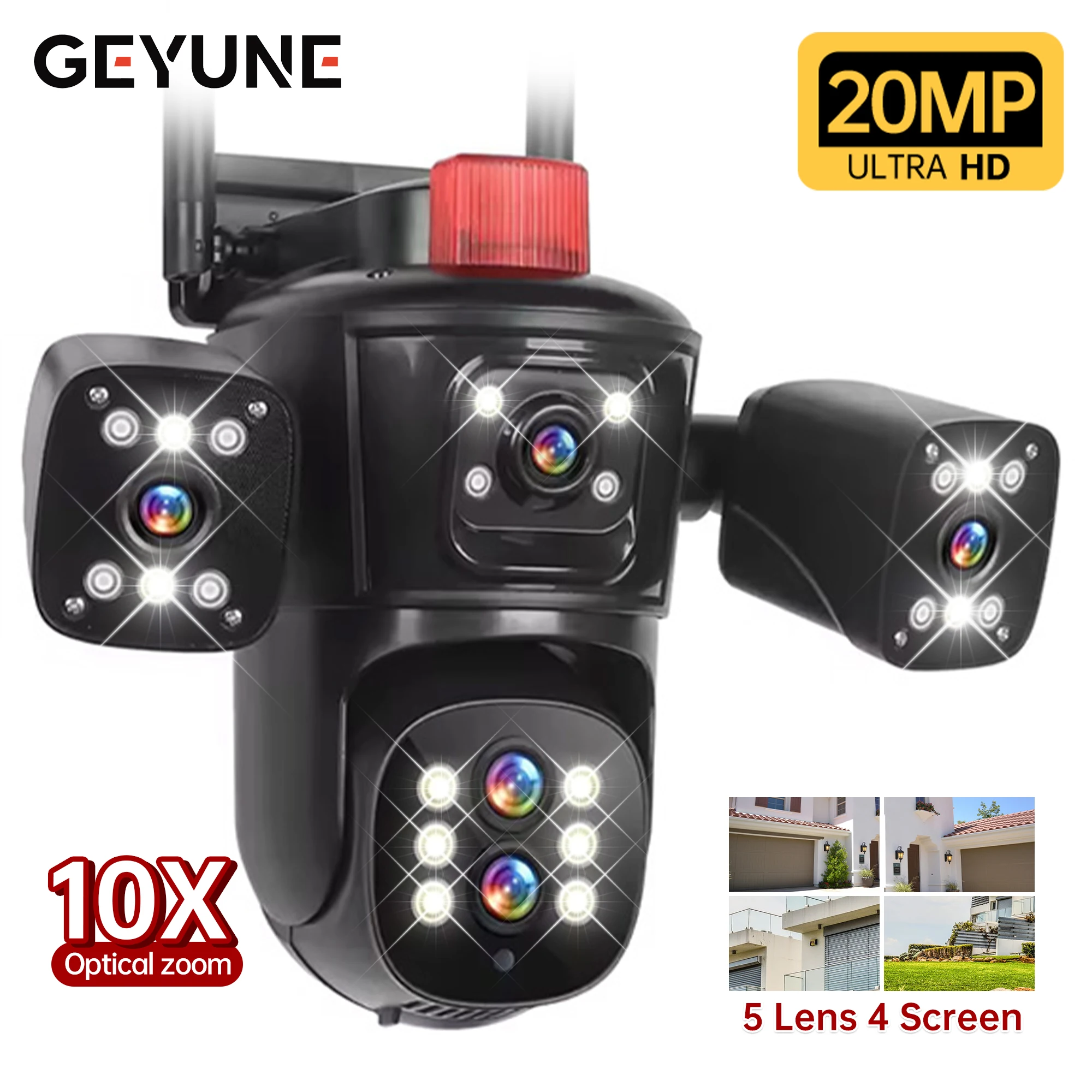 10K Wireless CCTV Camera Outdoor Five Lens Four Screen Video Surveillance 10X Optical Zoom Smart Home PTZ 20MP WiFi IP Camera