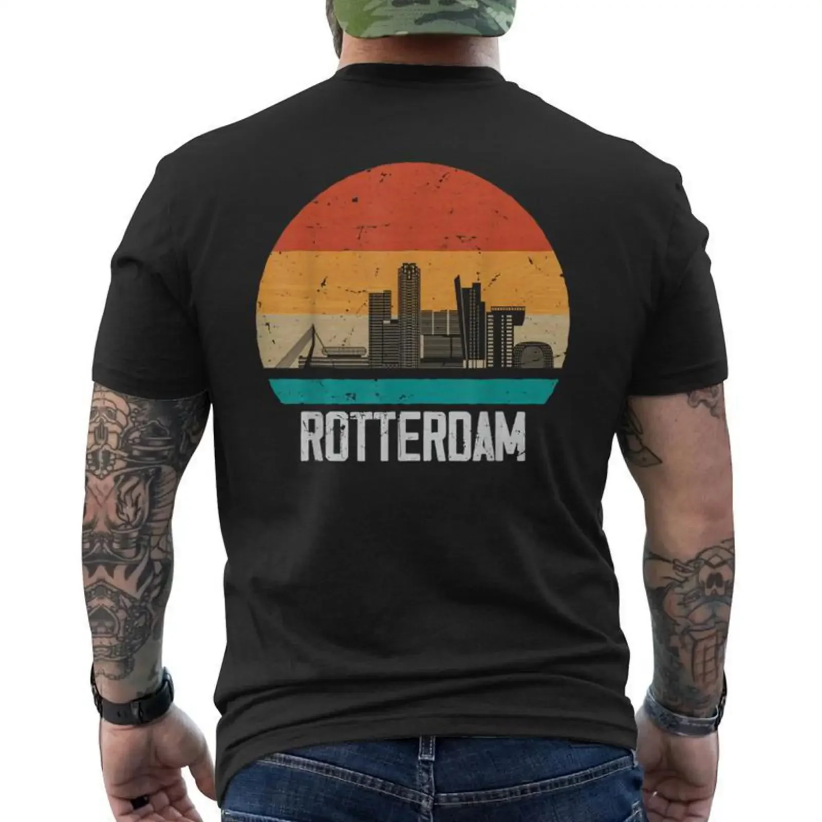 Rotterdam Netherlands Retrointageunsetkyline T shirt imprimé au dos Cadeauxyz vintage Washed Casual fashion Unisex graphic