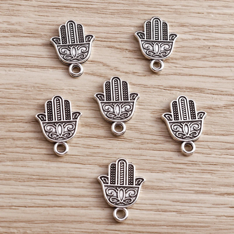 Tusember 20Pcs 13*17mm Antique Silver Color Fatima Hamsa Hand Charms For Pendant Connector DIY Religious Necklaces Earring Craft