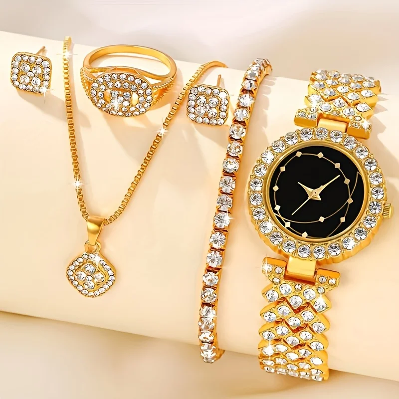 6-piece women's watch set, women's fashionable and casual quartz watch and necklace bracelet ring earring accessory set