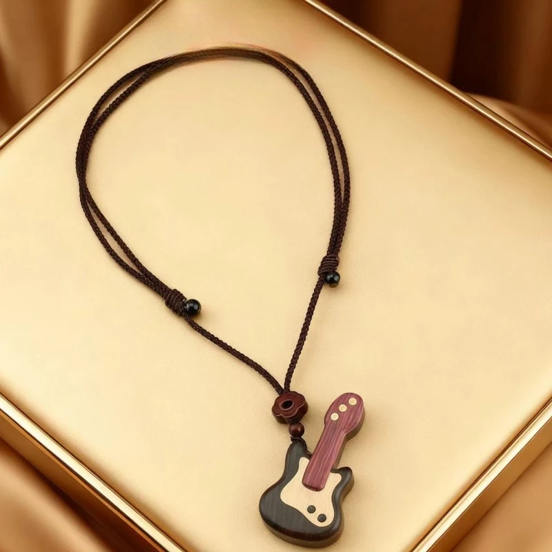 1PC Violet & Ebony Mini Guitar Pendant Necklace Wooden Sweater Chain Unique Daily Accessory Cute Wooden Musical Instrument Decor