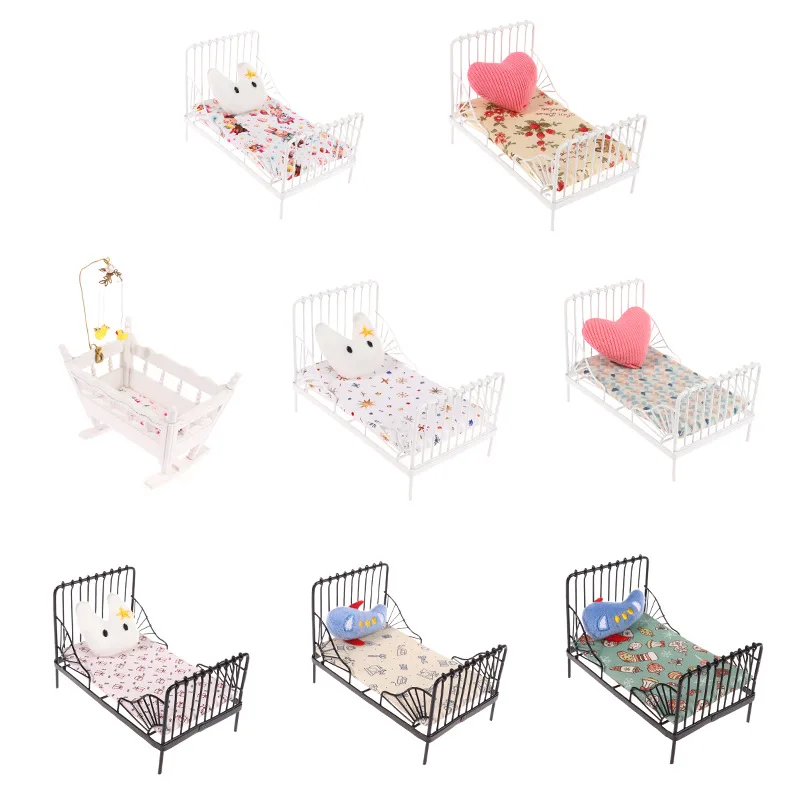 Dollhouse Accessories Simulation Furniture Mini Iron Bed Children Bed + Cute Plush Pillow Miniature Scene Ornaments