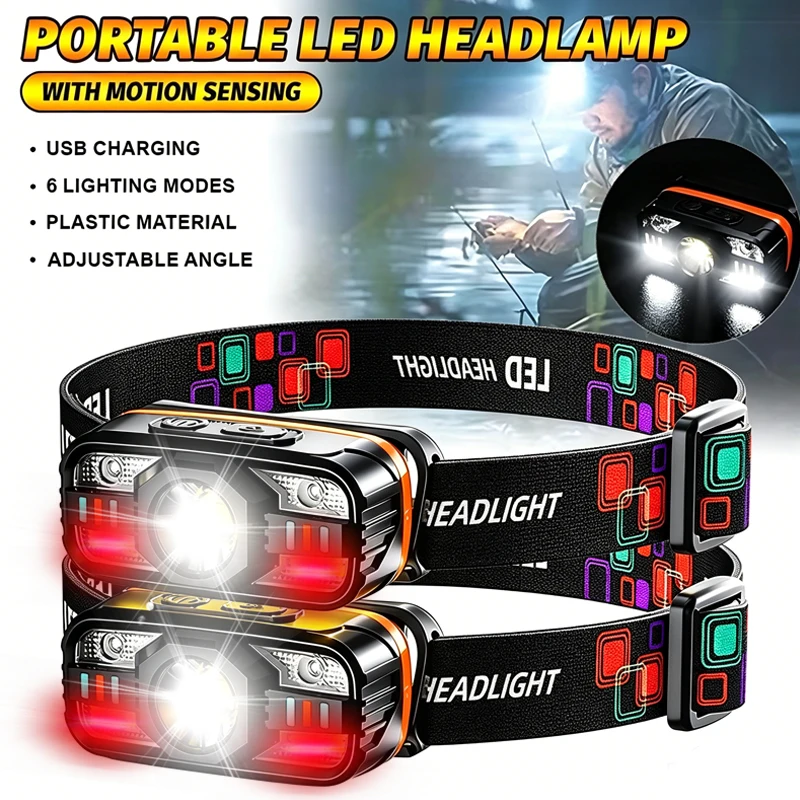 USB Rechargeable LED Headlamp Portable Light with Built in Battery 6 Lighting Modes Fishing Head Torch Outdoor Camping Lantern