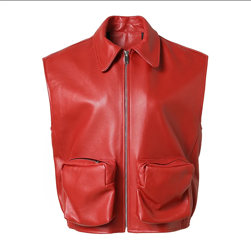 Designer Real Leather Vest with Pockets Women Solid Zipper Sleeveless Vintage Female Jackets Autumn Outerwear ZM5979