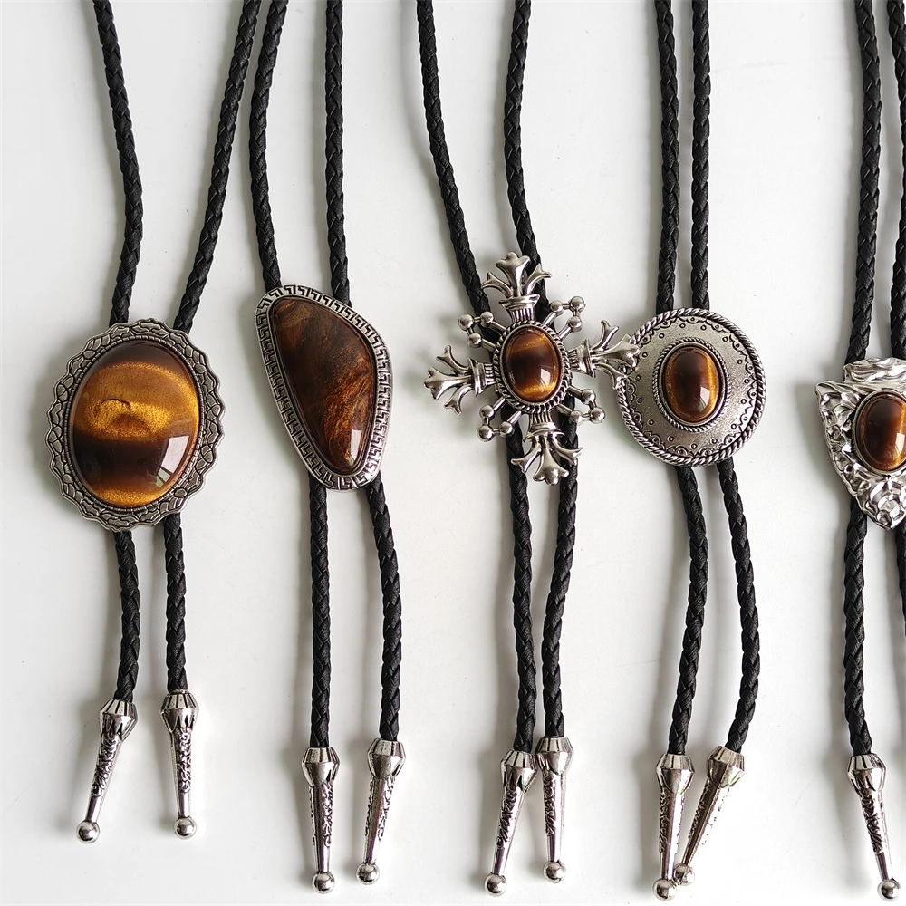 Tiger Eye Stone Bolo Tie for Men Vintage Western Cowboy Neck Tie Retro Leather Cord Rodeo Country Wedding Cowboy Accessories