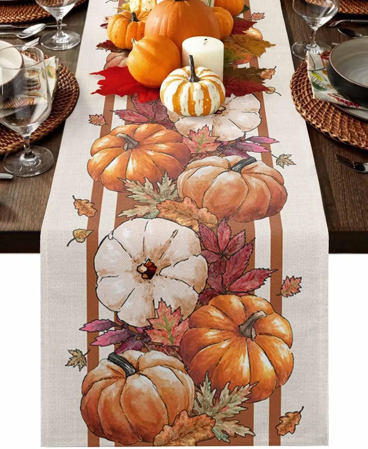 Fall Thanksgiving Pumpkins Maple Leaf Linen Table Runner Dresser Scarves Reusable Kitchen Dining Table Runner Party Decorations