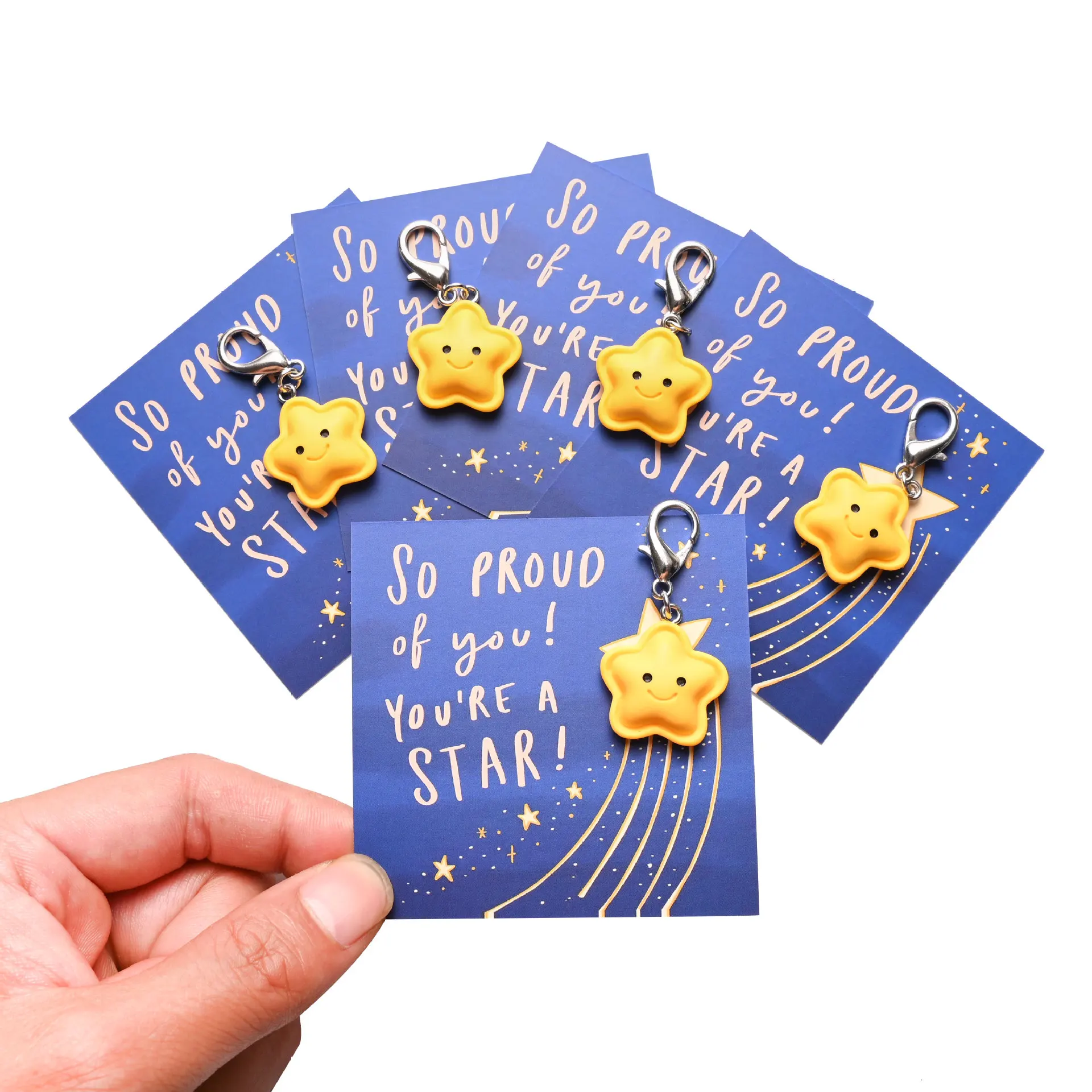 5Pcs Cute Resin Yellow Smiling Star Keychain Pendant PROUD OF YOU Inspiring Words Bag Charm Car For Student Gifts