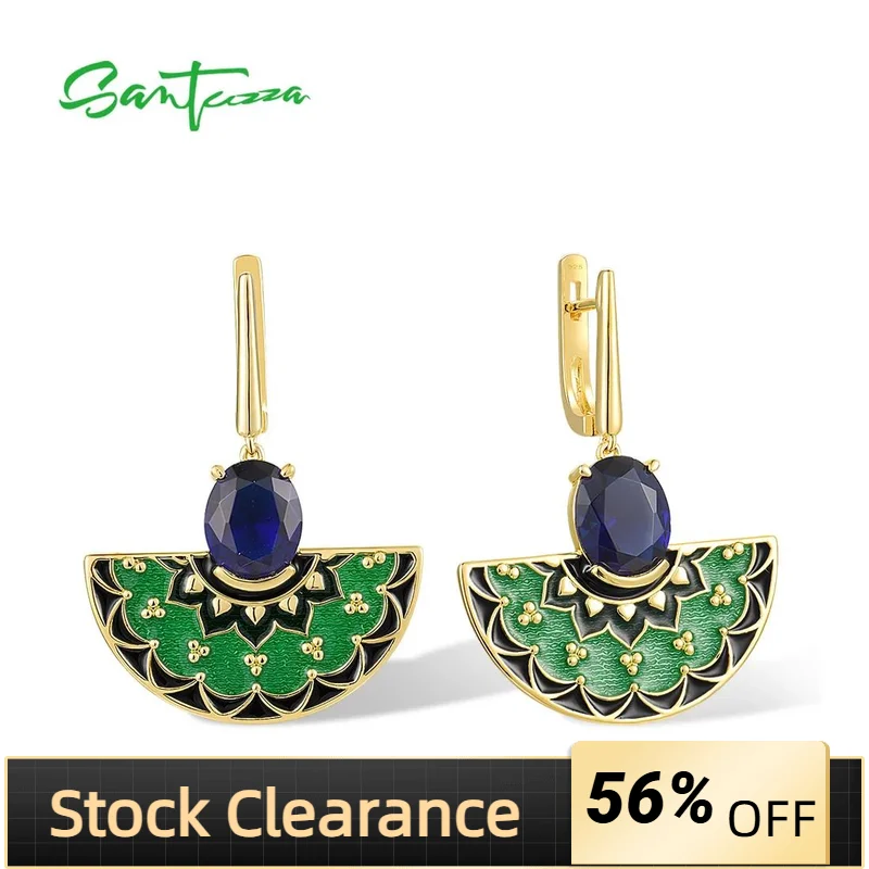 

SANTUZZA Authentic 925 Sterling Silver Fan Earrings For Women Blue Stone Green Enamel Yellow Gold Plated Delicate Fine Jewelry