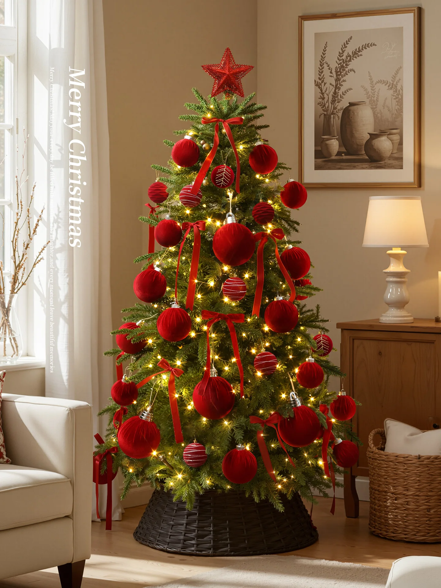 

Высококачественная рождественская елка, большая гостиная, новогодние украшения.