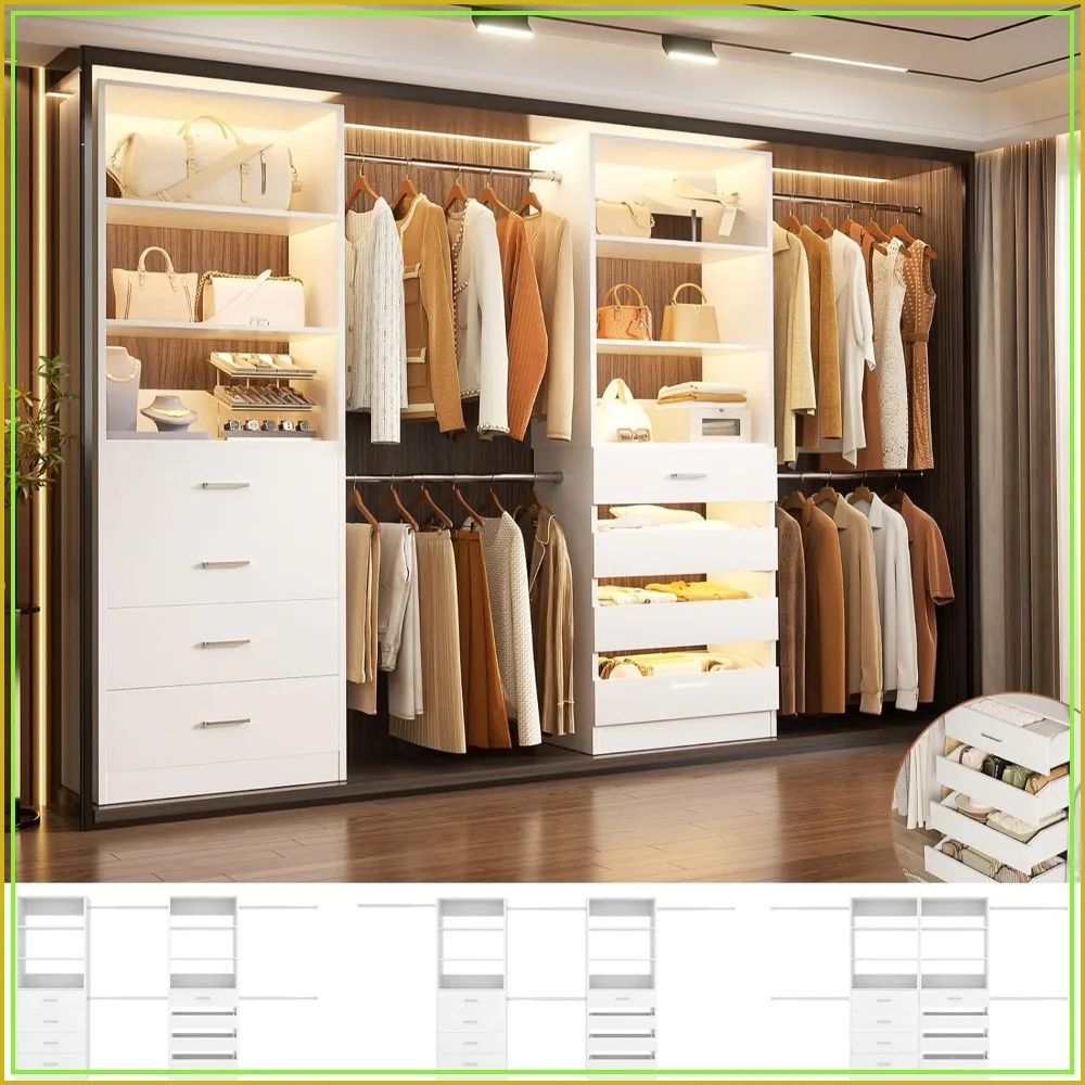 Aheaplus Closet System 6-15Ft Closet Organizer with 8 Wooden Drawers White