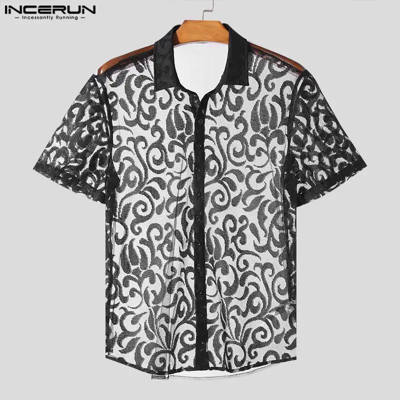 2024 Men Shirt Lace Lapel Short Sleeve Transparent Summer Men Clothing Fitness Streetwear Fashion Party Camisas S-5XL INCERUN