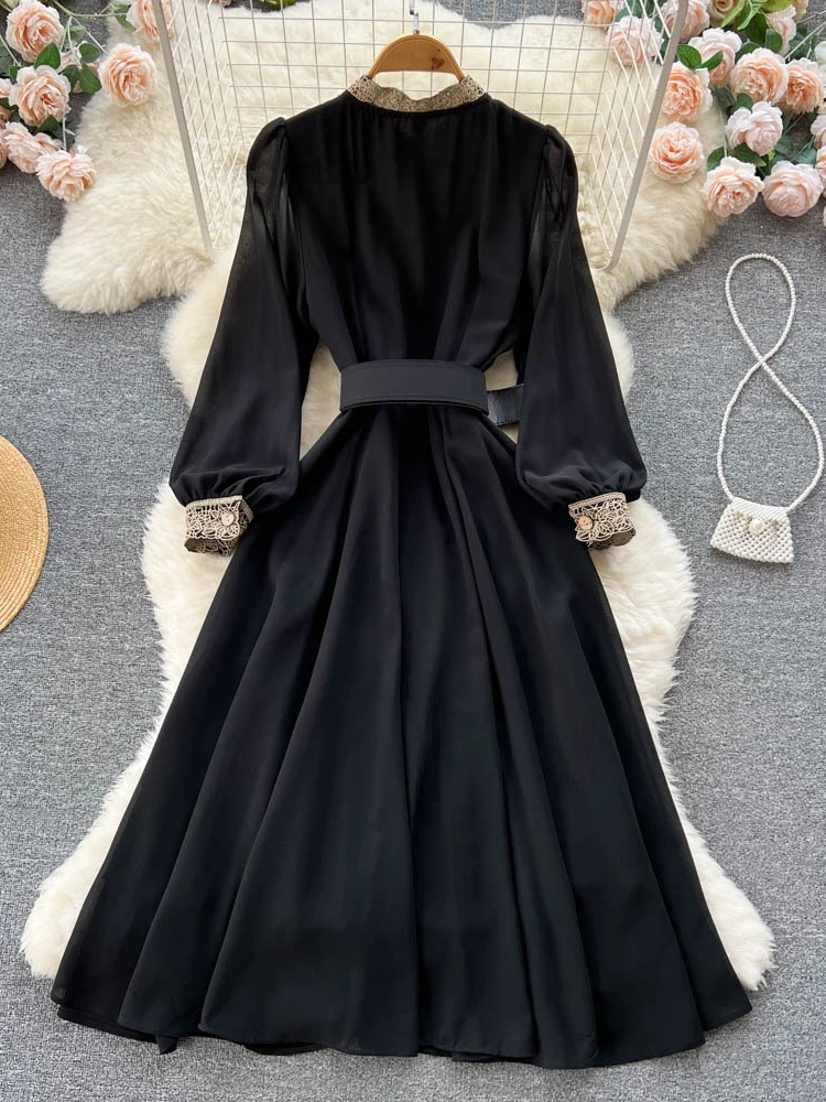 Black Vintage Dress Women Lace Long Sleeve Elegant Floral Embroidery Party Dresses Ladies Slim A-line Belt Chiffon Long Robe