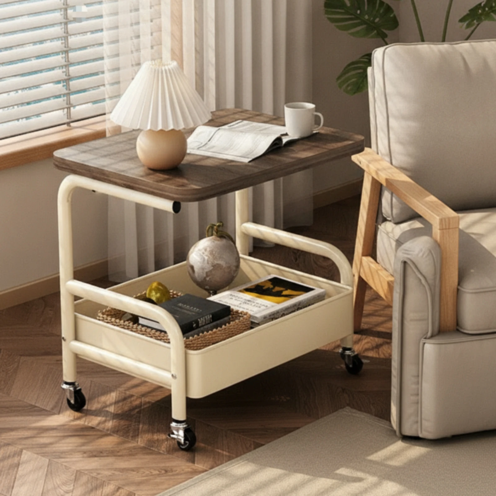 Storage Cart with Wood Top Metal Cart with Table Top Rolling Side Table Multi-Purpose Sturdy for Bedroom, Living Room
