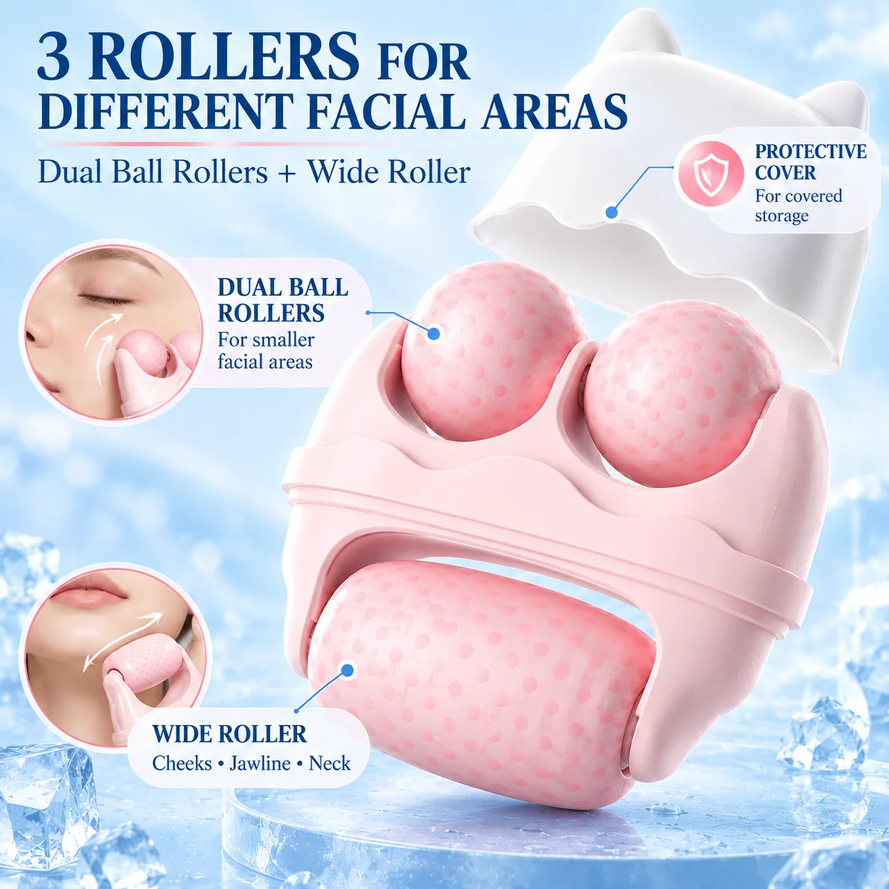 3 Roller Ice Face Roller Cooling Facial Massager with Cat Ear Storage Case Reduce Puffiness Jawline Neck Eye Skincare Massage To
