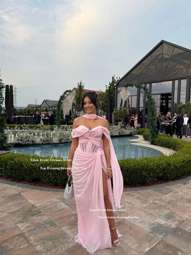 Xijun Pink Chiffon Sexy Long Evening Dresses Sweetheart High Split Scarf Prom Dresses Pleated Saudi Arabric Prom Gowns Customize