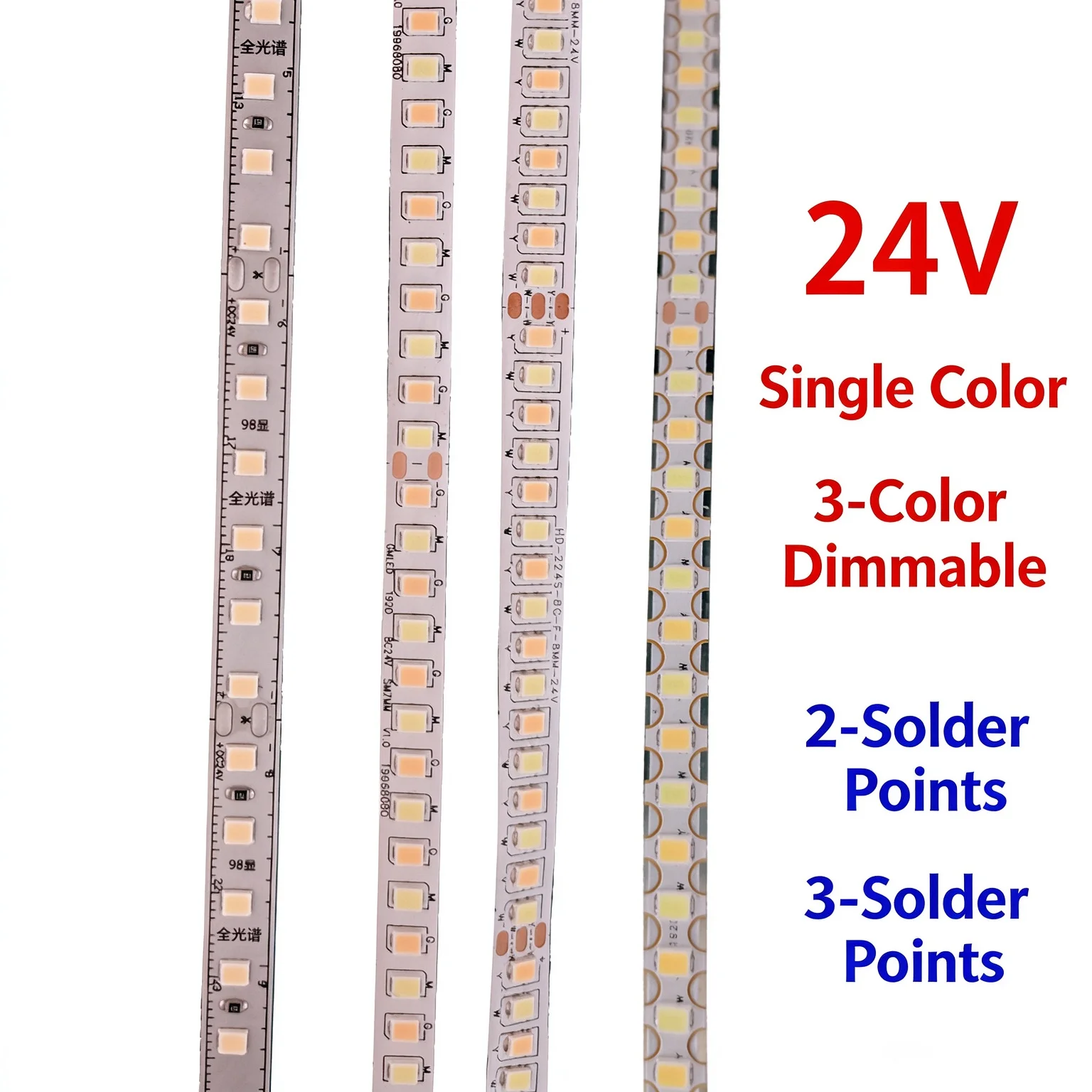 24V Full Spectrum Dimmable LED Strip SMD2835 Flexible Tape Single Color 3‑Color LED Ribbon 2‑3 Solder Points
