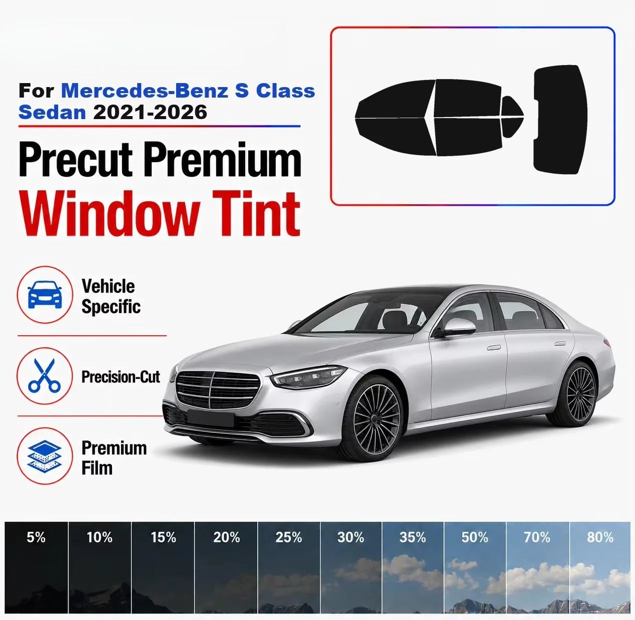 Premium Precut Window Tint Kit Front Rear Windows Rear Windshield For Mercedes-Benz S Class Sedan 2021-2026 Nano Ceramic Film