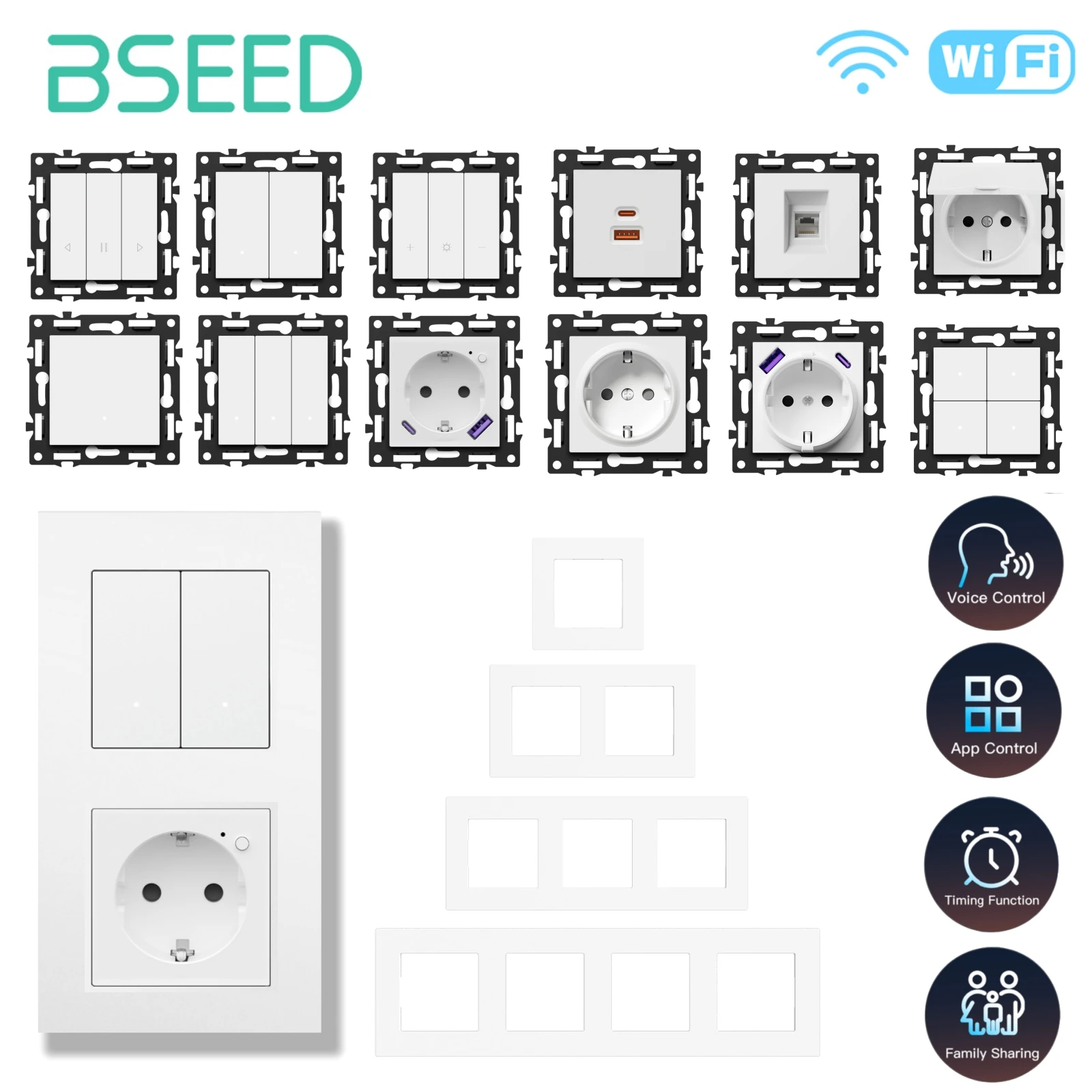 

Модуль переключателя щелчка BSEED WIFI, детали умного выключателя света, белая пластиковая рамка, комбинированные настенные розетки «сделай сам», USB-ключ для зарядки, серия E