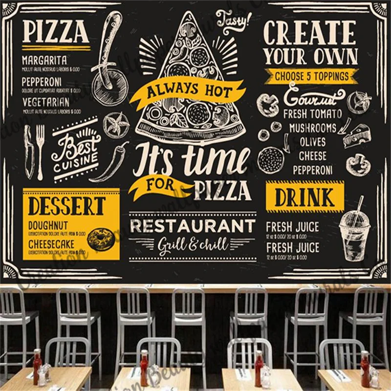 

Custom Blackboard Pizza Wallpaper Industrial Decoration Mural Fast Food Restaurant Snack Bar KTV Background Wall Papel De Parede