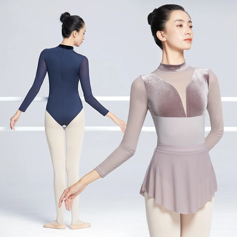 Ballet Leotards Woman Gymnastics Leotards Velvet Splice Long Sleeves Ballet Bodysuit With Zipper Adults Nylon Dancing Bodysuit