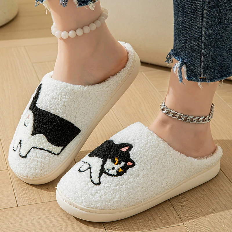 Cute Cartoon Warm Fluffy Slippers Women Winter Indoor Non-slip Plush Slippers Woman Soft Sole Closed Toe Home Cotton Shoes