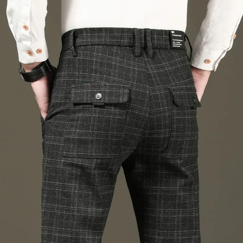 Business Male Suit Trousers Straight Slim Fit Social Tailoring Check Plaid Tressed Men\'s Summer Pants Chinese Homme 2024 Up Fine