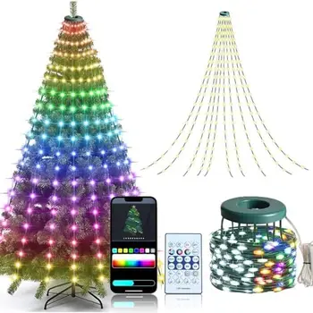 1.8CM/2.1CM RGB Christmas Tree Waterfall Lights With Star Topper,APP Remote Control LED String Lights Multicolor Fairy Light Indoor Outdoor 8