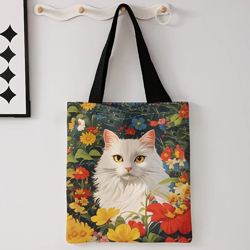 Women's Fashion Tote Bag with Cute White Cat Floral Print Durable Reusable Shopping Bag Multifunctional Shoulder Bag