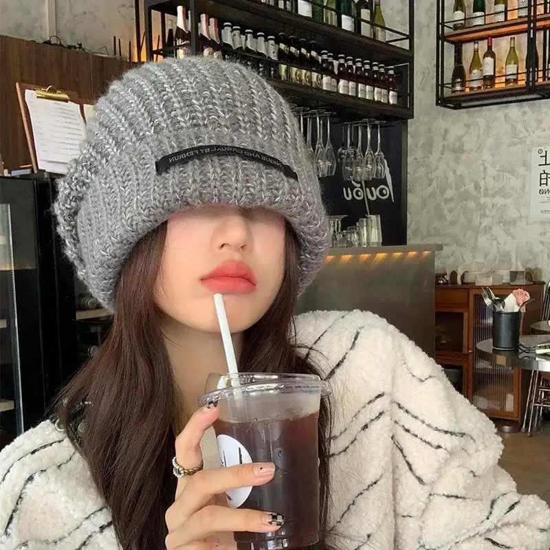 Winter Knitted Beanie Hat Thickened Ear Protection Fuzzy Thermal Plush Beanie Hat New Fashion K-pop Hip Pop Korean Hats Women