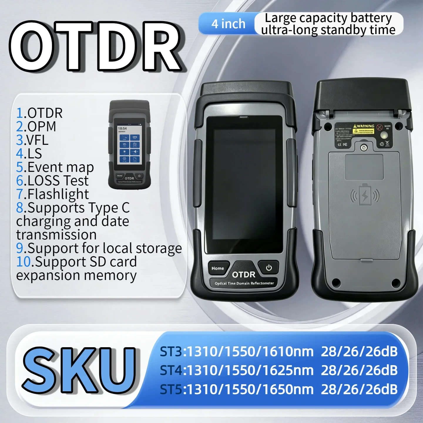 

1500E-ST3/4/5 Mini OTDR 1310/1550/1610/1625/1650/nm with Active fiber optic live tester VFL OLS Event Map OPM 28/26/26dB PDF out