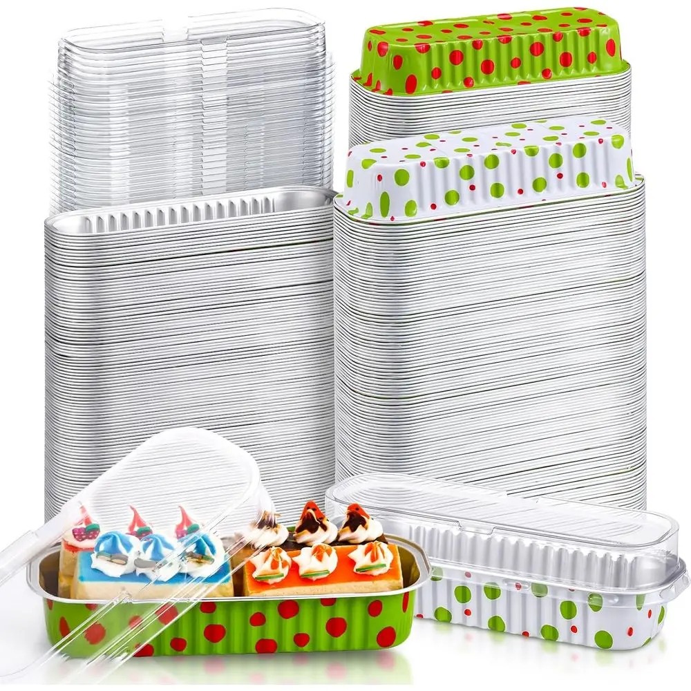 

200-Piece Christmas Mini Loaf Pans with Lids in Lime Green & Red Polka Dots for Holiday Baking and Gifting