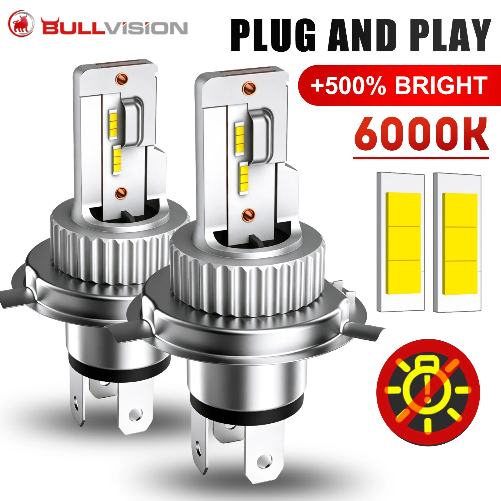 Bullvision 1/2X H4 LED Canbus Headlights 12V 9003 HB2 Hi/Lo Beam Motorcycle Headlamp Fanless H4 LED Bulb For Honda Toyota Ford