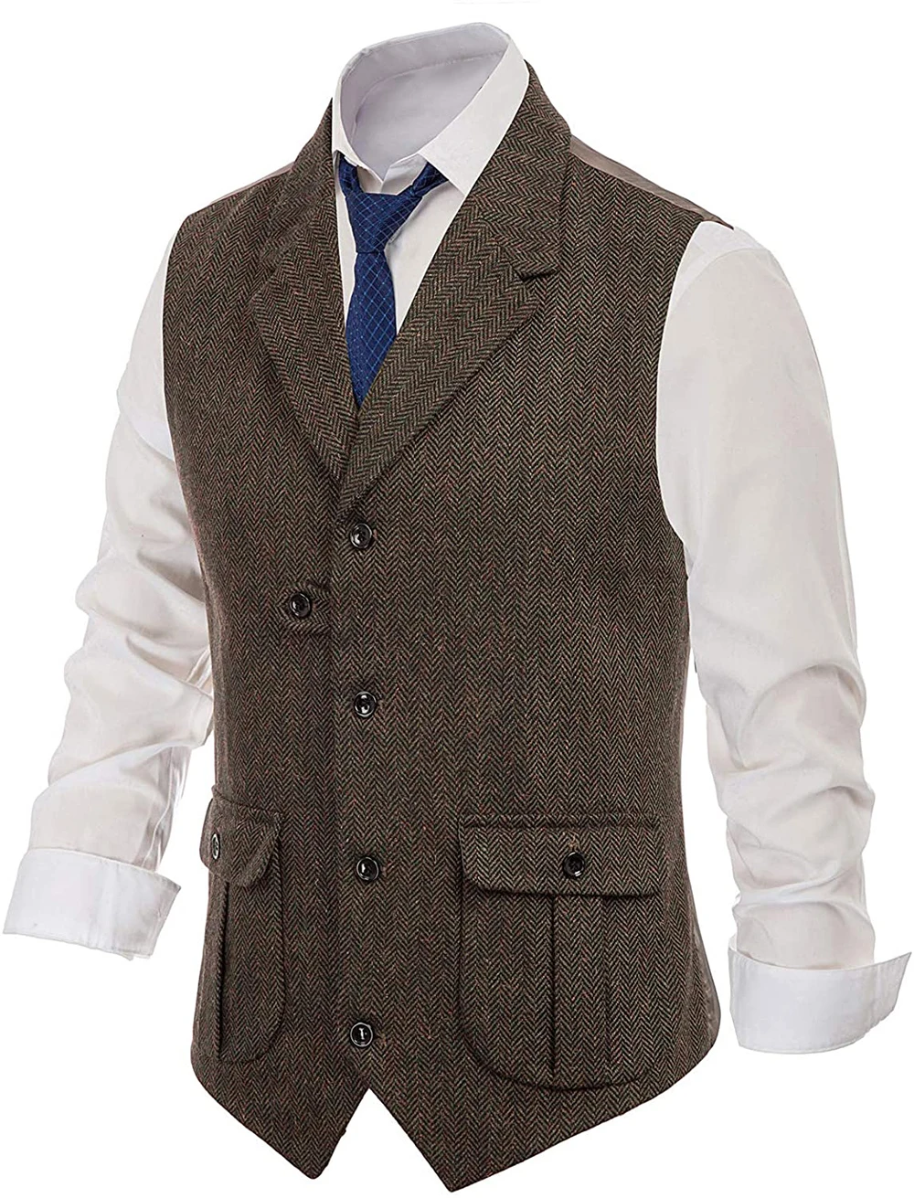 Herringbone Men\'s Vests Casual Suit Vest Notch Lapel with Two Pockets Herringbone Waistcoat for Wedding Groomsmen  Men Vest