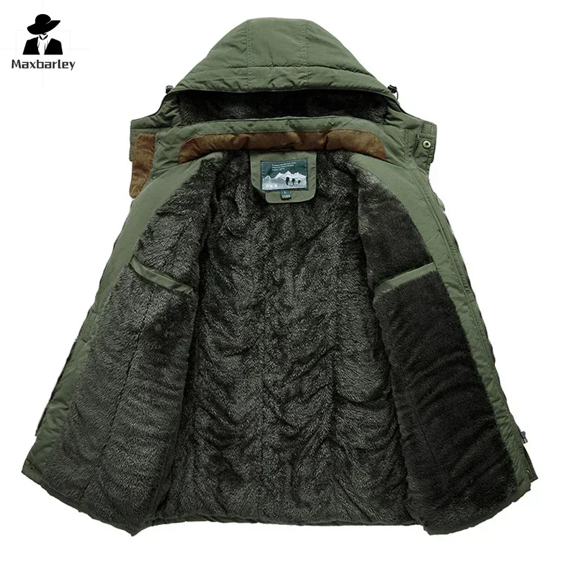 Winter Fleece Long Jacket Men Casual Thicken Warm Cotton Padded Jacket Mens Fashion Hooded Outdoor Windproof Coat Parkas