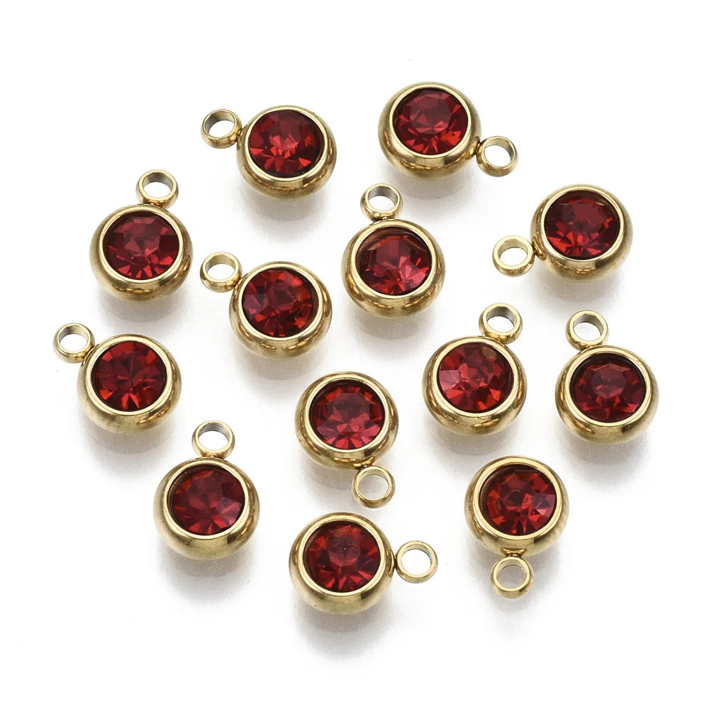 10Pc Birthstone Pendant Charms PVD Vacuum Plating Stainless Steel Rhinestone Charms Birthstone Charms Flat Round Rhinestone lace