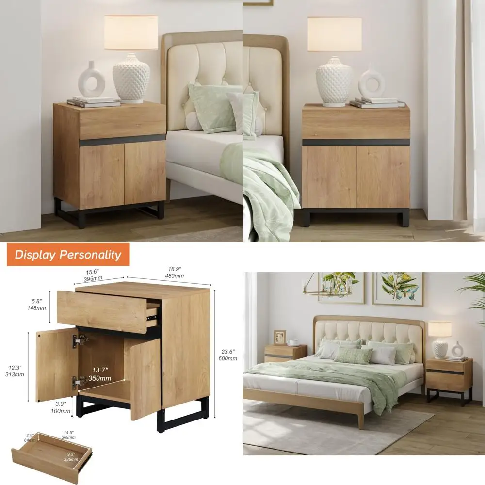 nightstand with 1 drawer & 1 storage cabinet, modern bedside table with 2 open door for bedroom, wood rustic side end table for