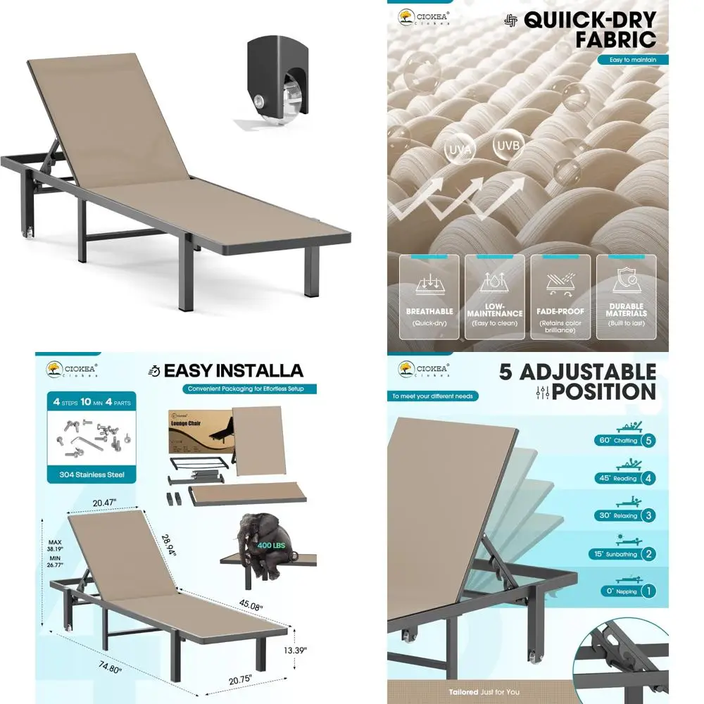 

Outdoor Aluminum Chaise Lounge with Wheels, Adjustable 5-Position Recliner and Full Flat Tanning Capability