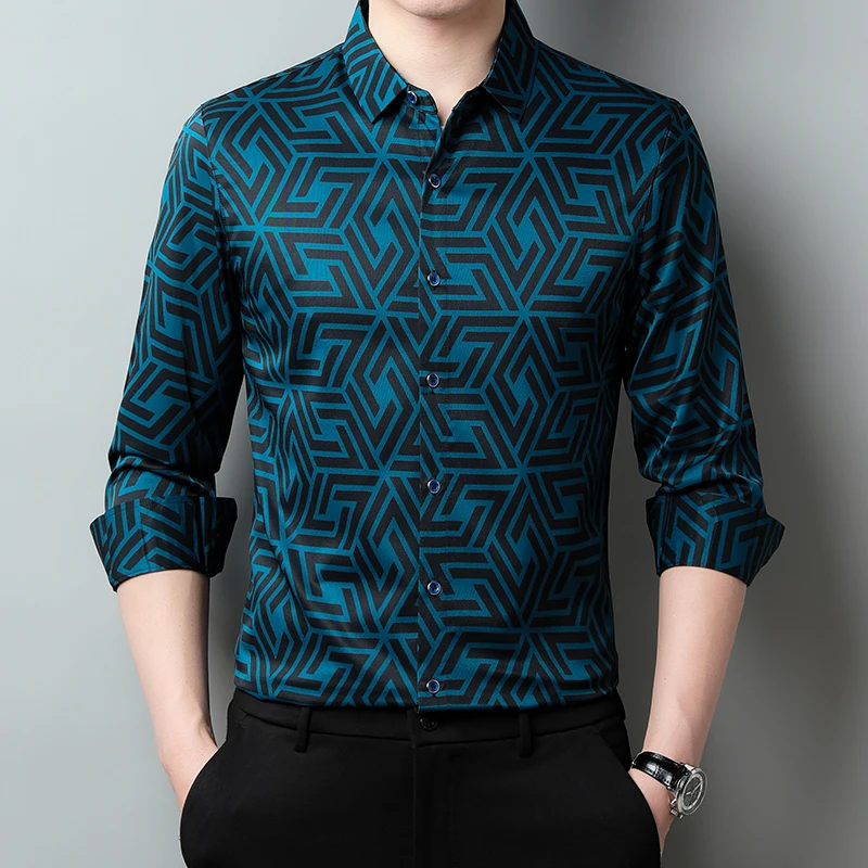 

Quality Printed Business Mens Clothing Large Sizes Geometric Pattern Classic Work Shirts Mens Office Blouse Husband Designer Top