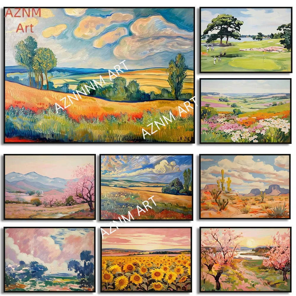 Vintage Country Landscape Cloud Wildflower Rustic Golf Posters and Prints Canvas Printing Wall Art Picture for Living Room Decor