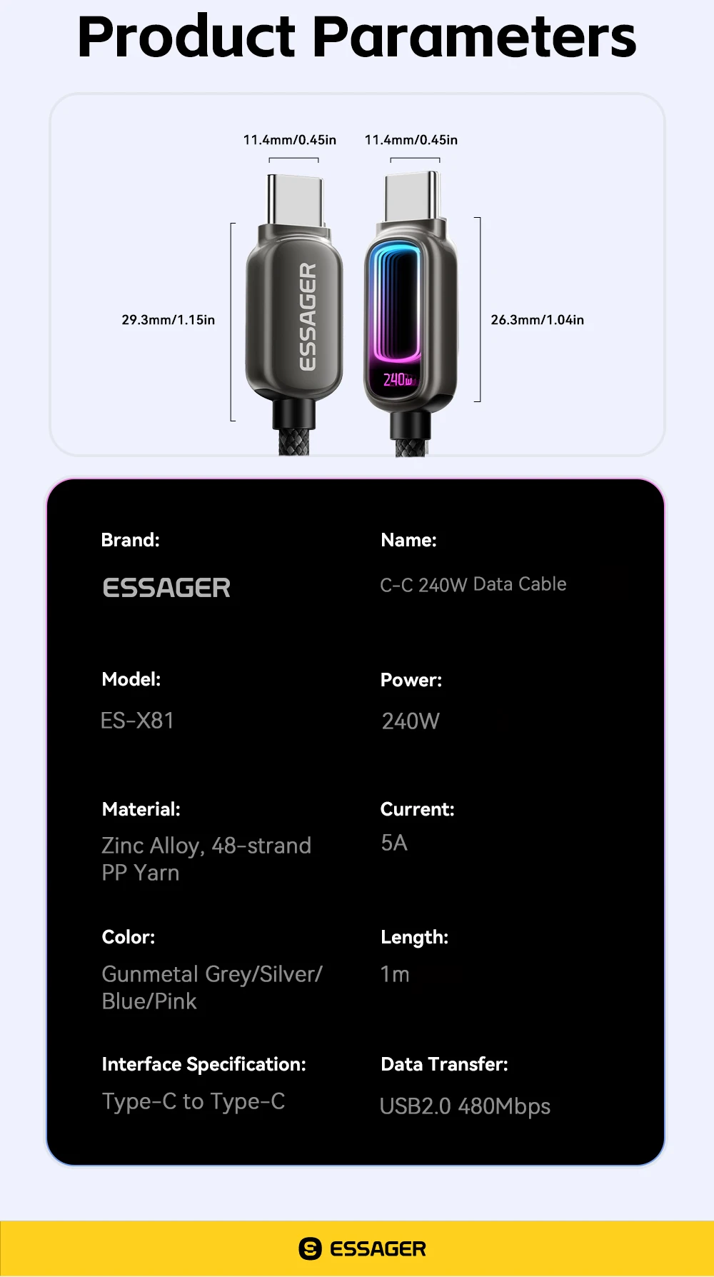 Essager 33W GaN USB Typ-C Ladegerät Tragbares PD-Schnellladegerät für iPhone 17/16/15/14 Pro Max iPad Xiaomi Samsung S25 RGB – Detail 13