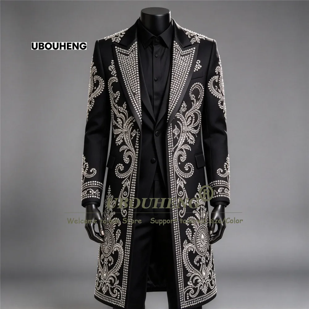 Handmade Men's Suit Jacket Long Customized Rhinestones Beaded Groom Prom Tuxedo 1 Piece Man Anniversary Wedding Blazer Outfit