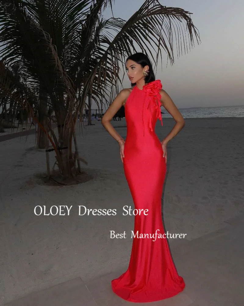 OLOEY Red Mermaid Evening Party Dresses High Neck Flowers Silk Satin Wedding Party Beach Prom Gowns Formal Party Dress