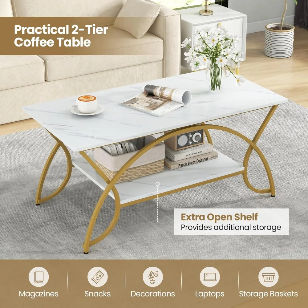 2-Tier Faux Marble Table with Storage,  Metal Frame Rectangular End Table for Living Room & Office