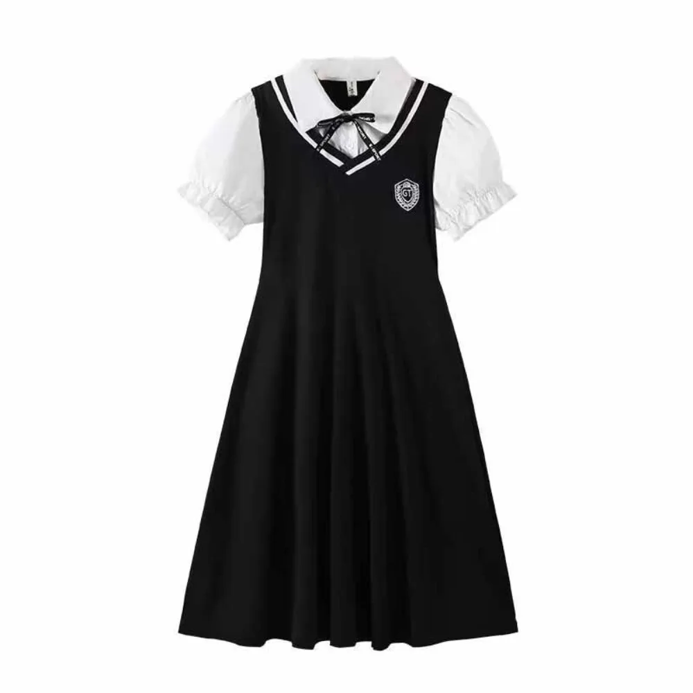 

Pleated Girls False Two Dress Preppy Style Teenagers Summer Kids Dresses Beach Vacation Short Sleeve Children A-line Dress