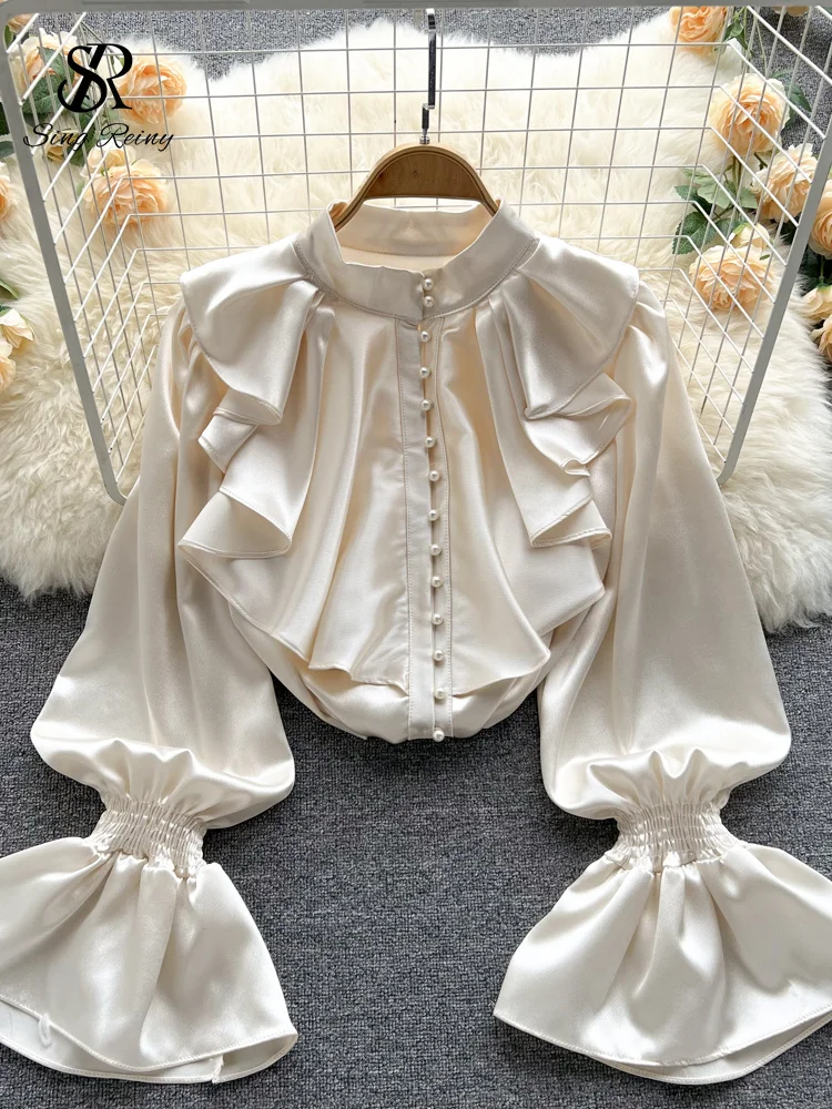 SINGREINY High Quality Satin Loose Shirt Long Flared Sleeves Ruffles O Neck Beading  Women Gentle Office Lady Casual Blouse