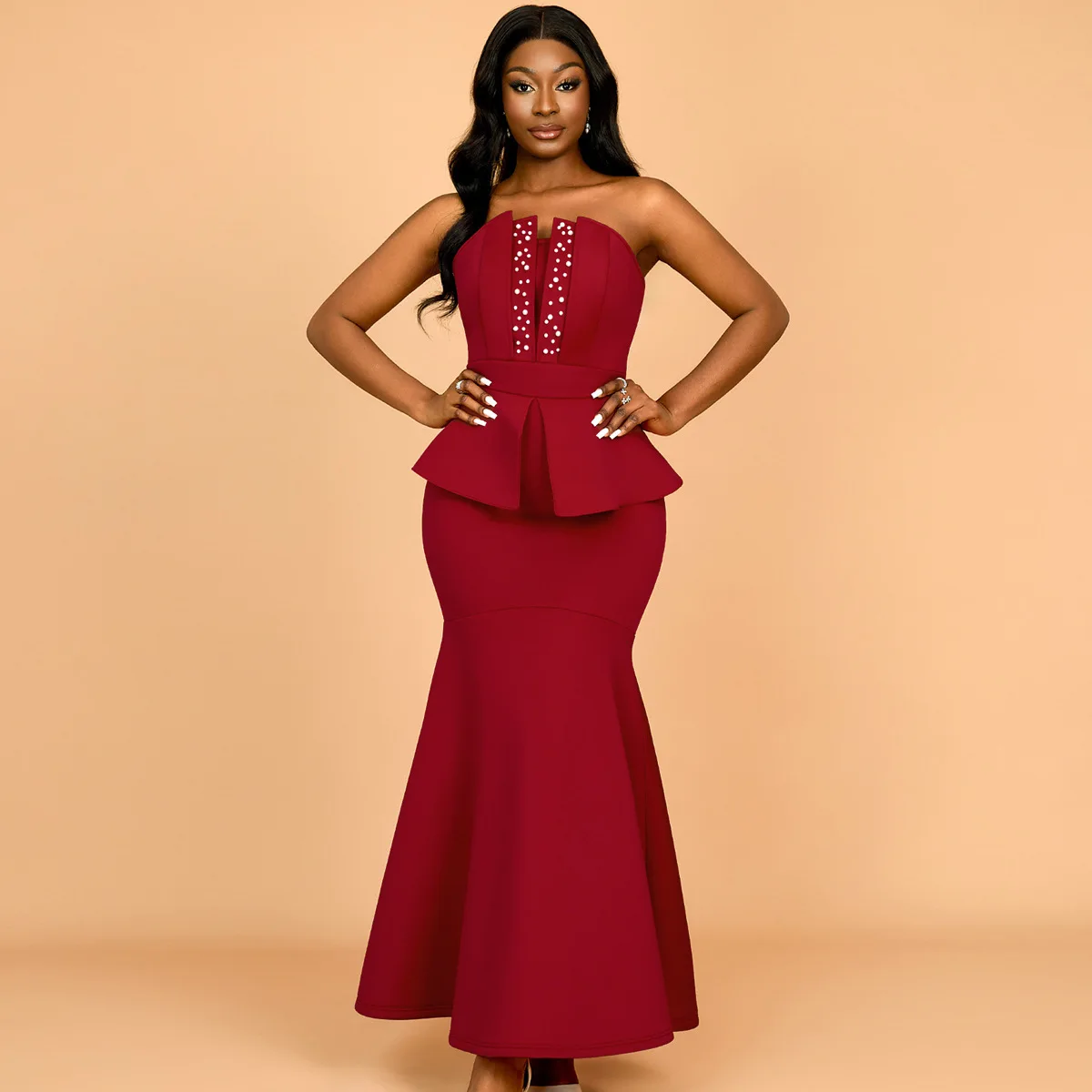 

Am050229 Strapless Beaded Mermaid Dress with Ruffled Hem Slim Fit Long Evening Gown Dress 2025 Summer Dress Robe Vestido Women