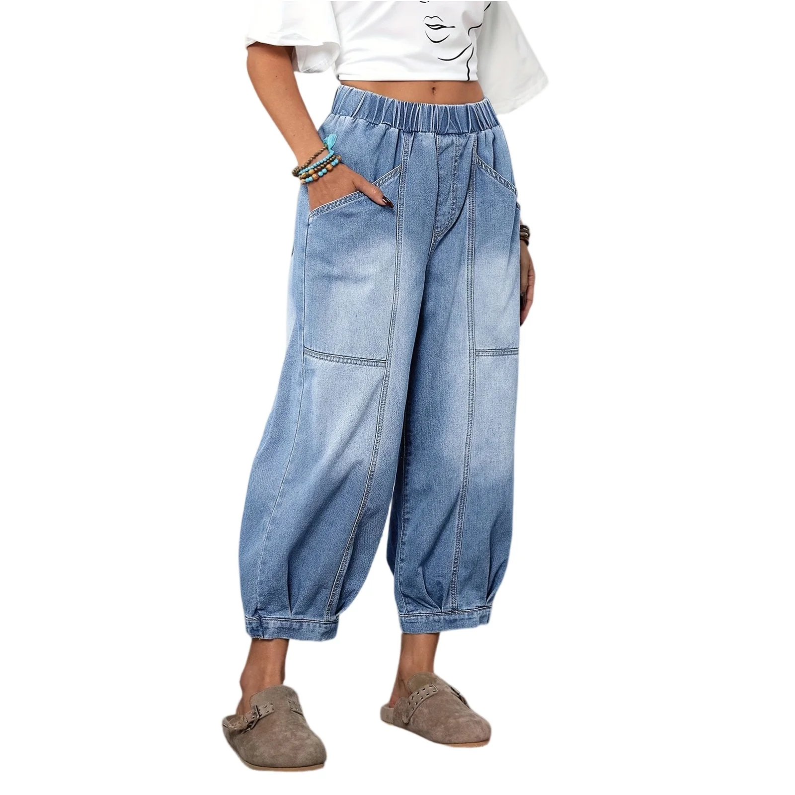 

Womens High Waisted Drawstring Denim Fashion Comfortable Straight Leg Jeans Casual Slim Denim Pants Sweatpant Jeans Korean Y2k
